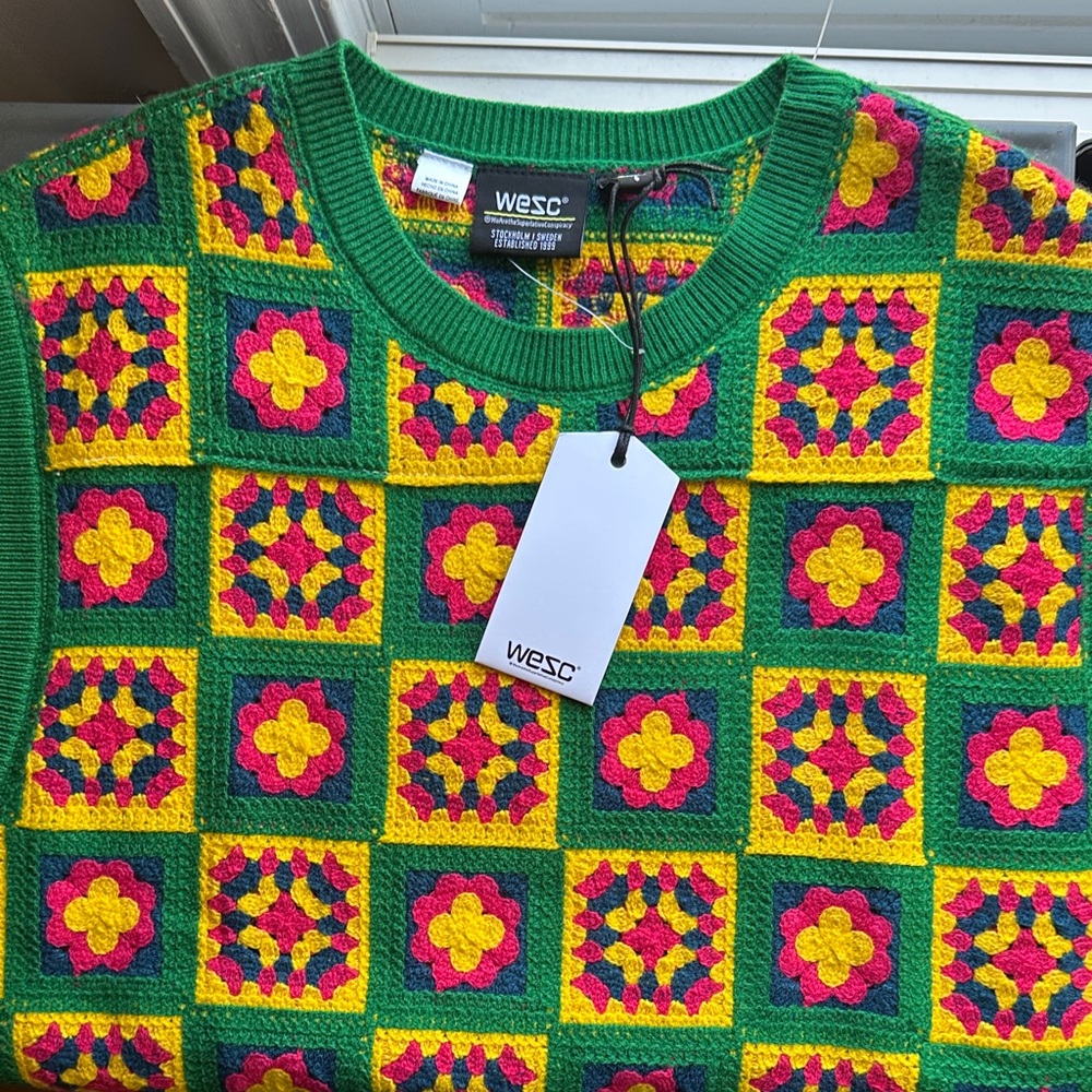 Wesc Vibrant Geometric Crewneck Sweater—crochet squares! Men’s XL Women XXL